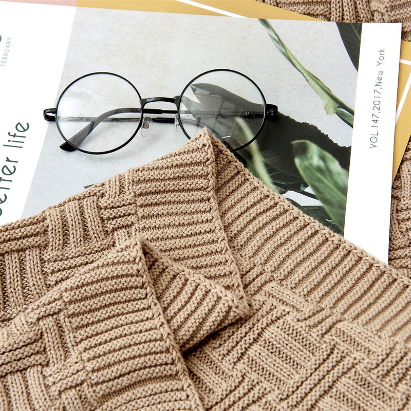 Longhui bedding Khaki Cotton Knit Throw Blanket for Couch Sofa Bed - Home Decorative Soft Cozy Sweater Woven Fall Cable Knitted Blankets - 2.3 pounds 50 x 60 Inch - Image 5